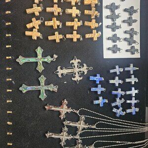 Large Cross Pendant Lot Natural Stone Picture Jasper Sodalite Lava Rock Abalone